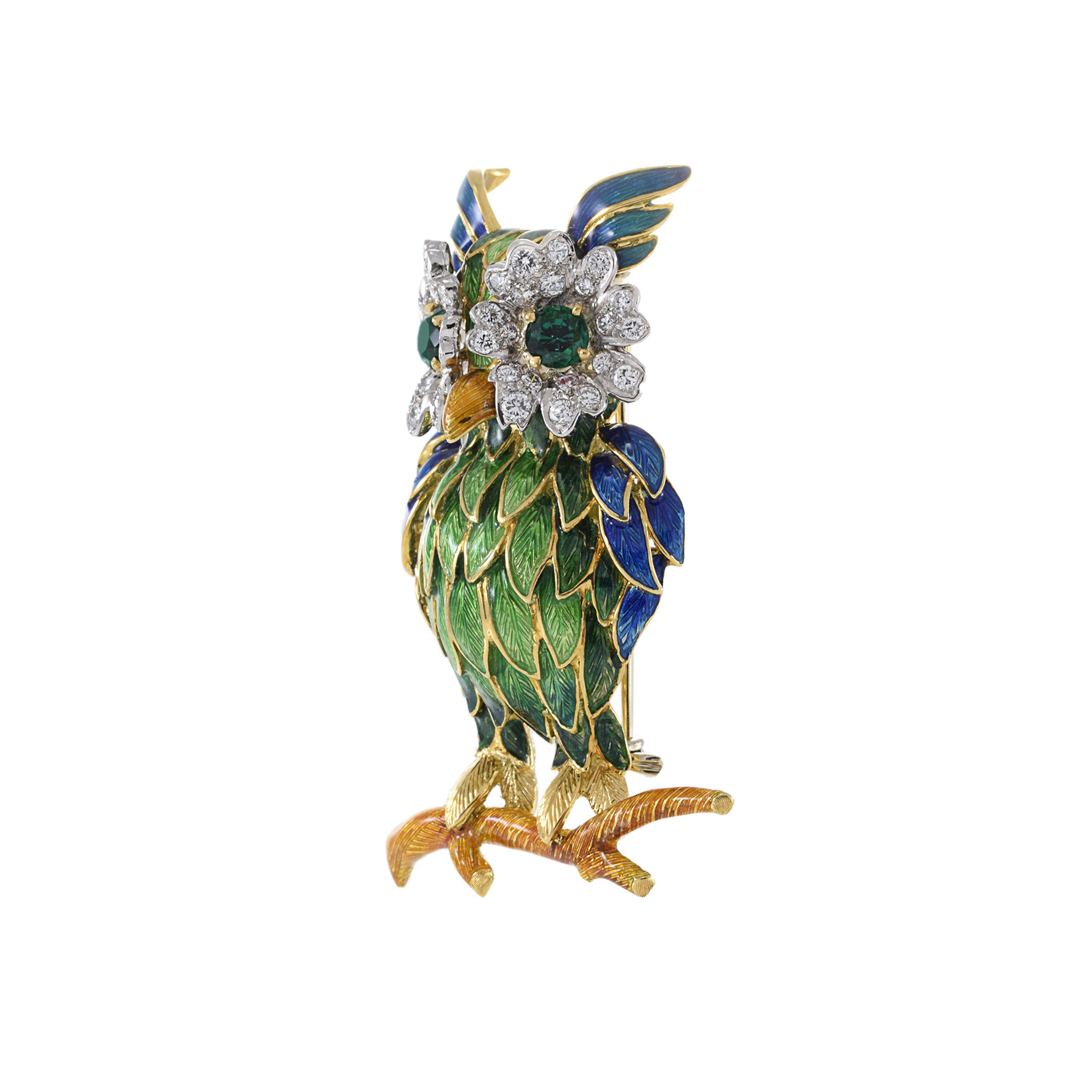 Vintage Retro Era 18KT Yellow Gold Multi Colored Enamel And Diamond Owl Lapel