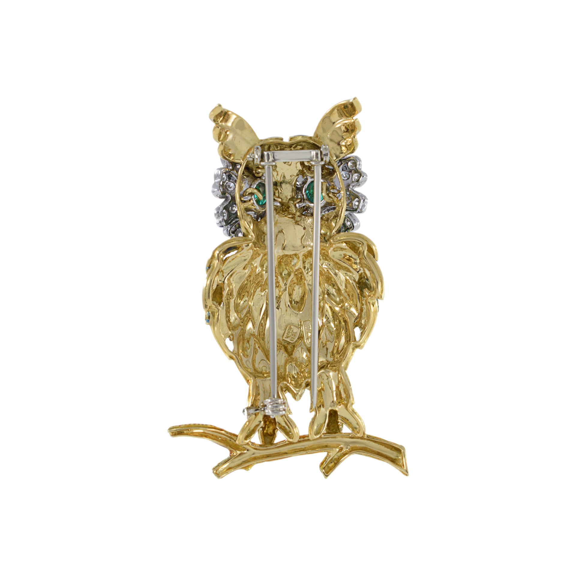 Vintage Retro Era 18KT Yellow Gold Multi Colored Enamel And Diamond Owl Lapel