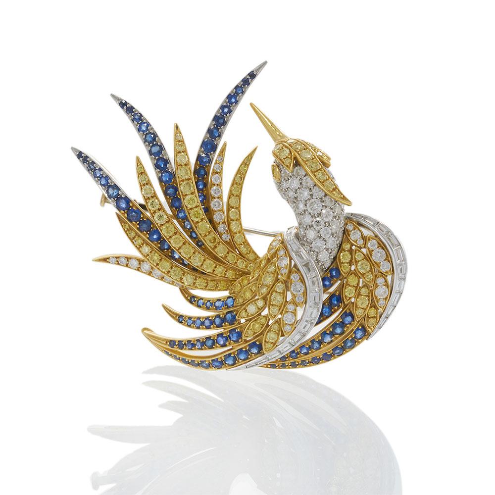 Vintage 18KT Yellow Gold Bird Brooch with Yellow Diamonds and Blue Sapphires