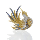 Vintage 18KT Yellow Gold Bird Brooch with Yellow Diamonds and Blue Sapphires