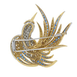 Vintage 18KT Yellow Gold Bird Brooch with Yellow Diamonds and Blue Sapphires