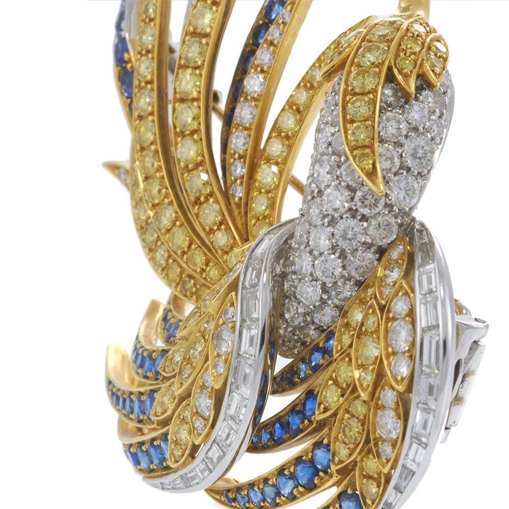 Vintage 18KT Yellow Gold Bird Brooch with Yellow Diamonds and Blue Sapphires