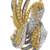 Vintage 18KT Yellow Gold Bird Brooch with Yellow Diamonds and Blue Sapphires