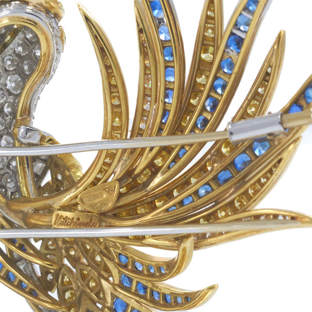 Vintage 18KT Yellow Gold Bird Brooch with Yellow Diamonds and Blue Sapphires