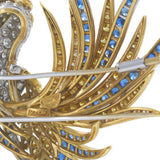 Vintage 18KT Yellow Gold Bird Brooch with Yellow Diamonds and Blue Sapphires