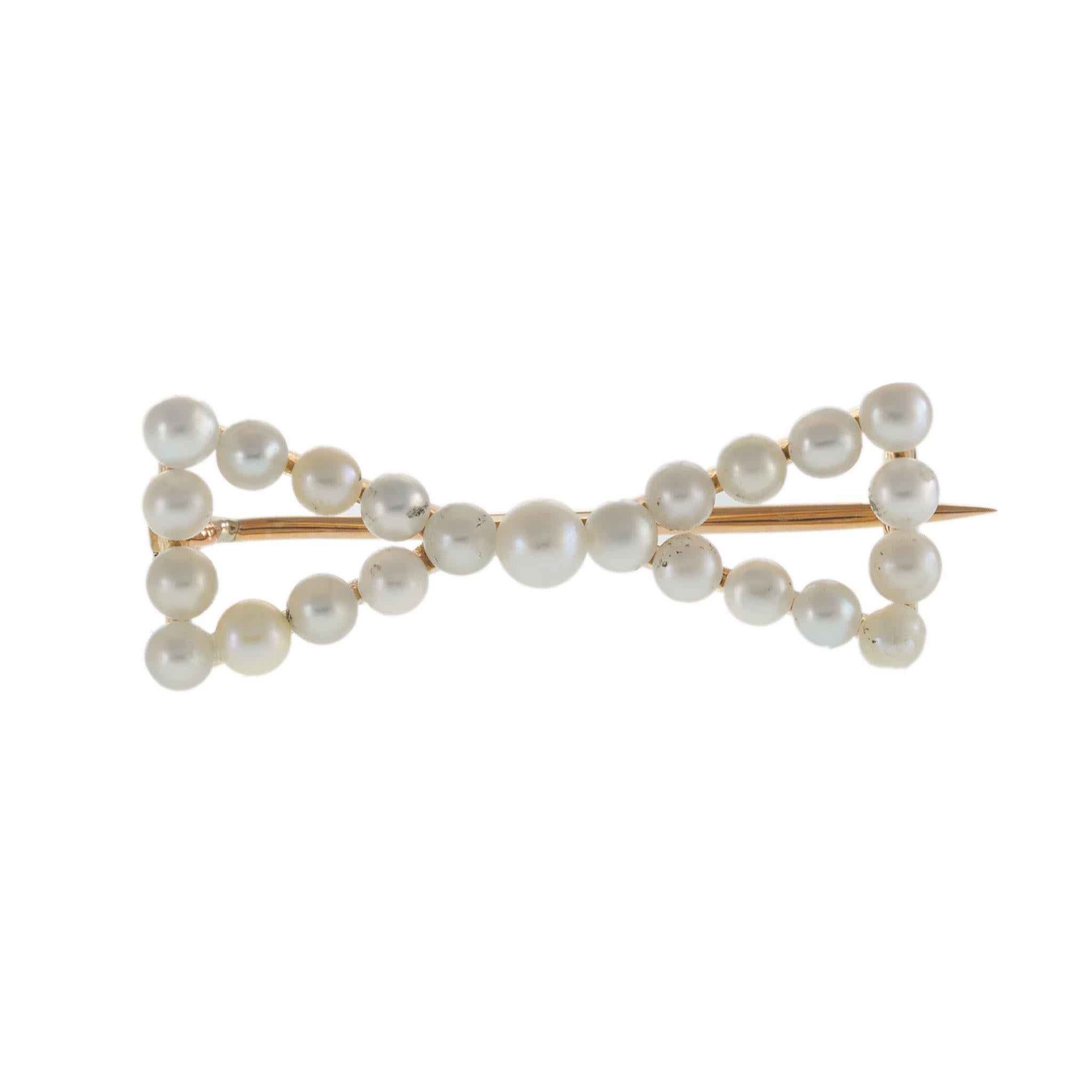 18KT Yellow Gold Vintage Seed Pearl Bow Brooch Pin