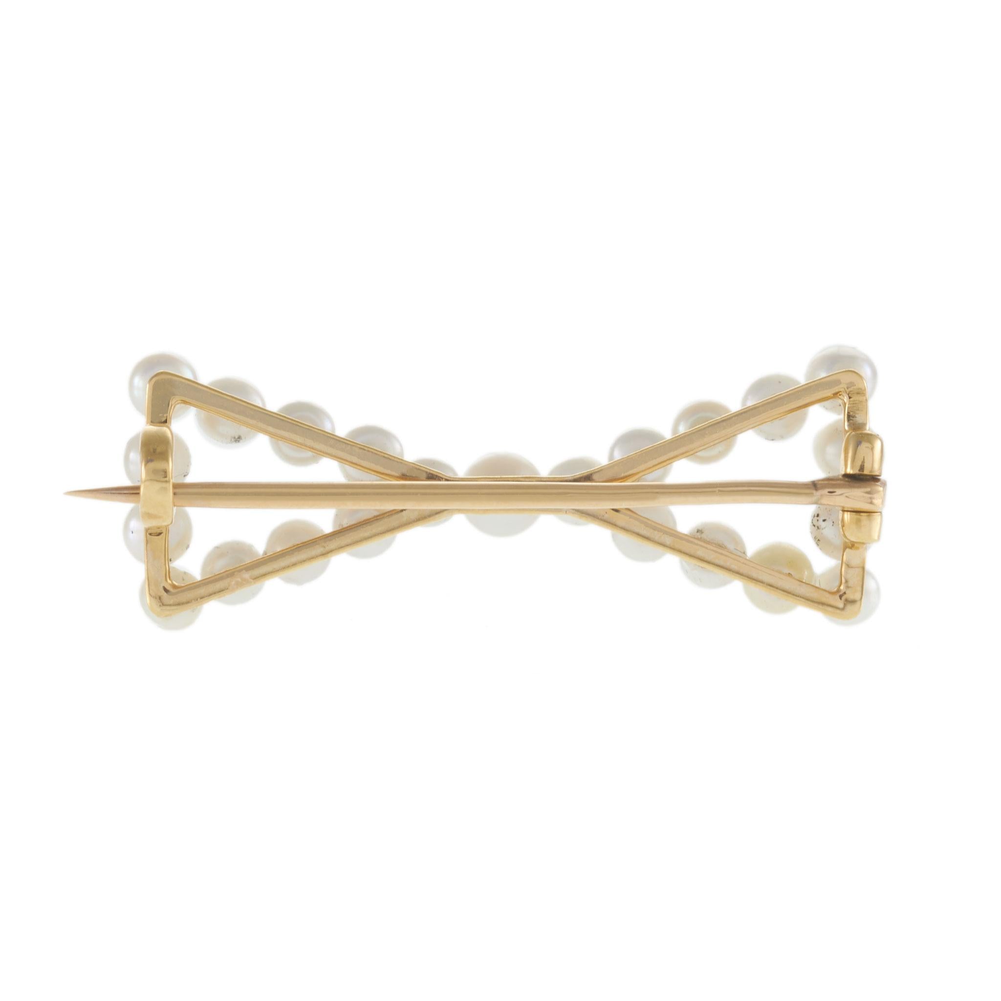 18KT Yellow Gold Vintage Seed Pearl Bow Brooch Pin