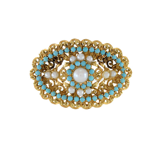 Vintage 18KT Yellow Gold Turquoise And Pearl Pin
