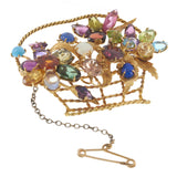 Vintage 18KT Yellow Gold Multi-Gemstone Flower Basket Pin