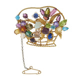 Vintage 18KT Yellow Gold Multi-Gemstone Flower Basket Pin