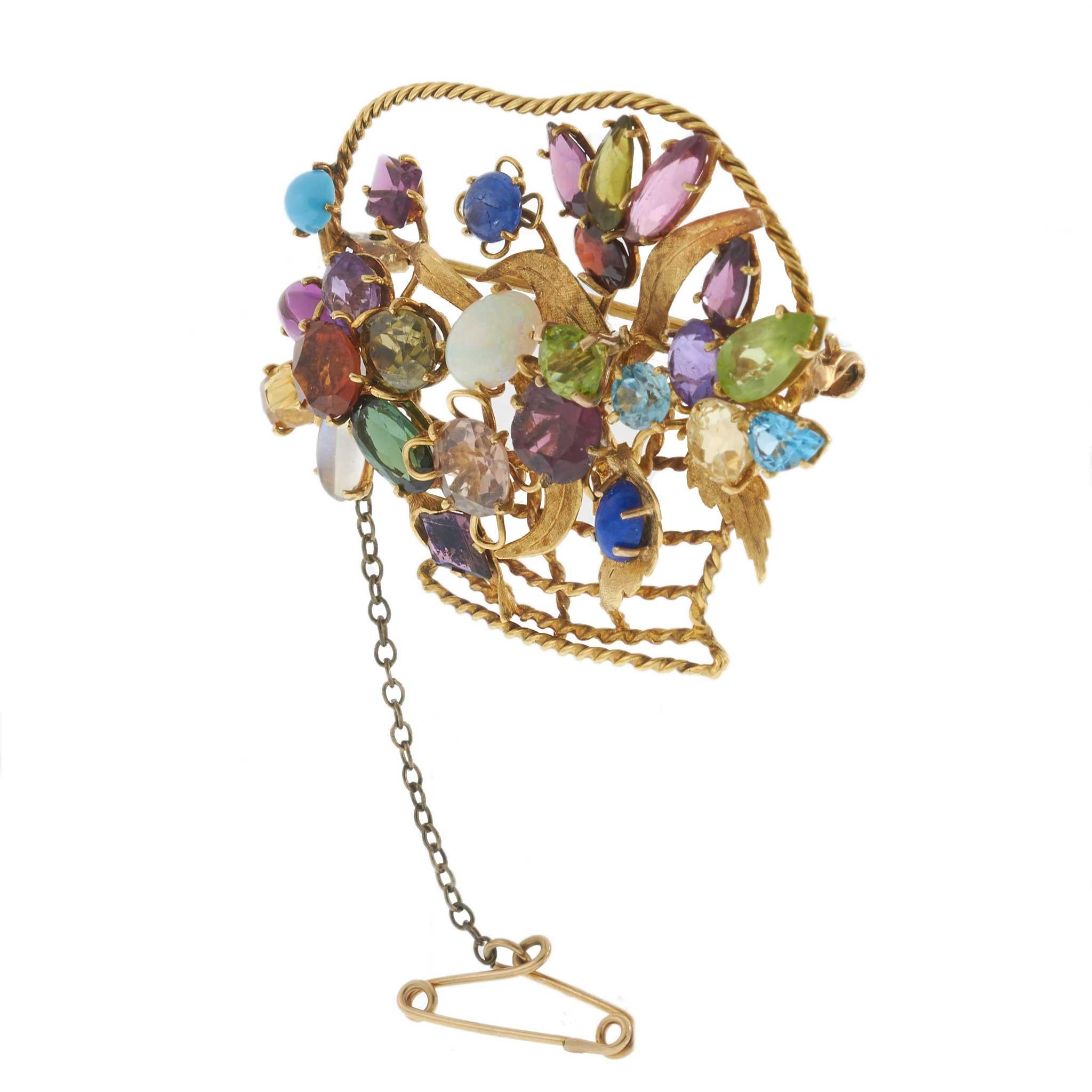 Vintage 18KT Yellow Gold Multi-Gemstone Flower Basket Pin
