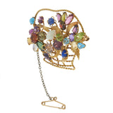 Vintage 18KT Yellow Gold Multi-Gemstone Flower Basket Pin