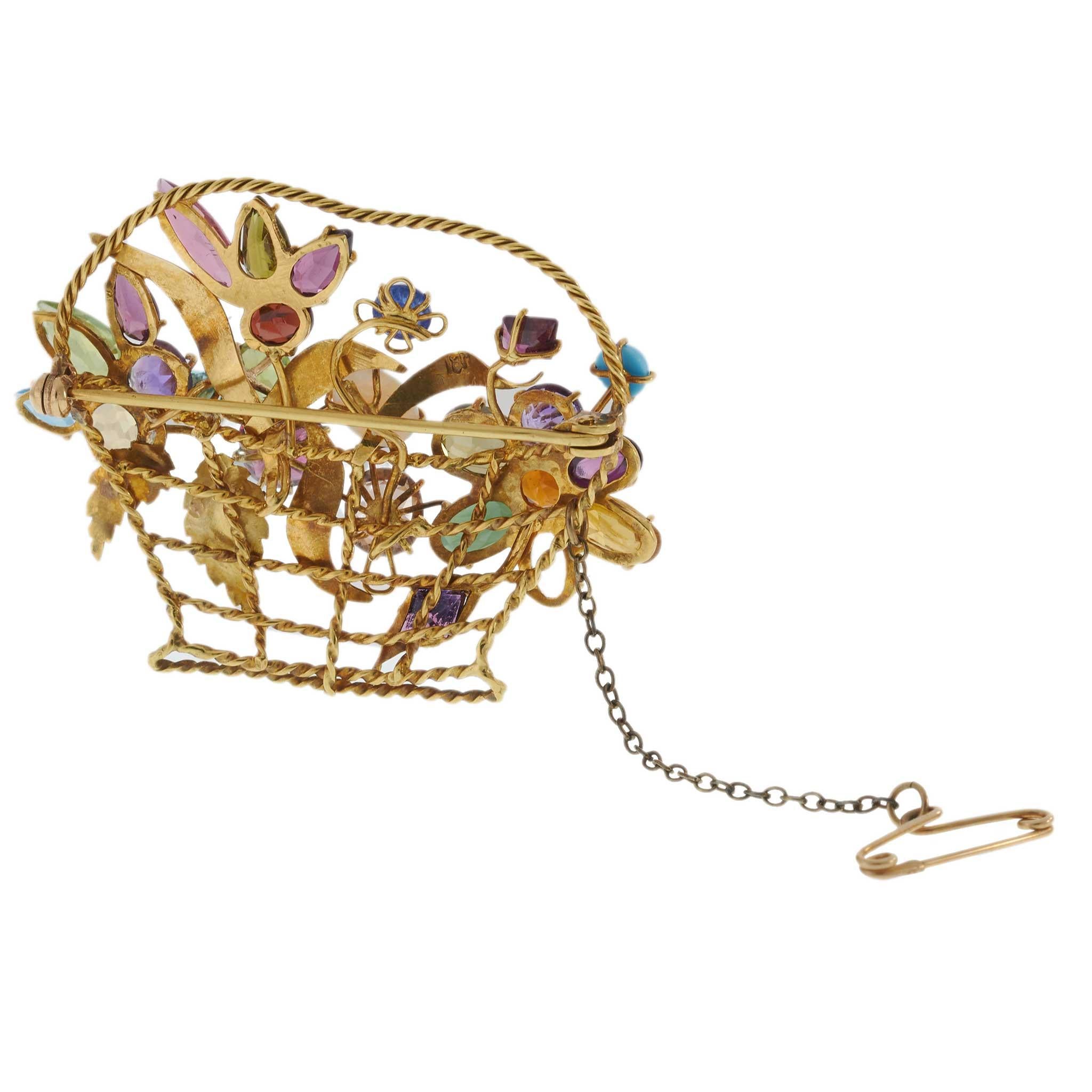 Vintage 18KT Yellow Gold Multi-Gemstone Flower Basket Pin