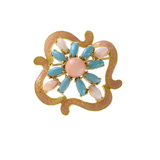 Estate Retro Era 18KT Yellow Gold Genuine Turquoise, Angel Skin Coral And Pink Enamel Brooch