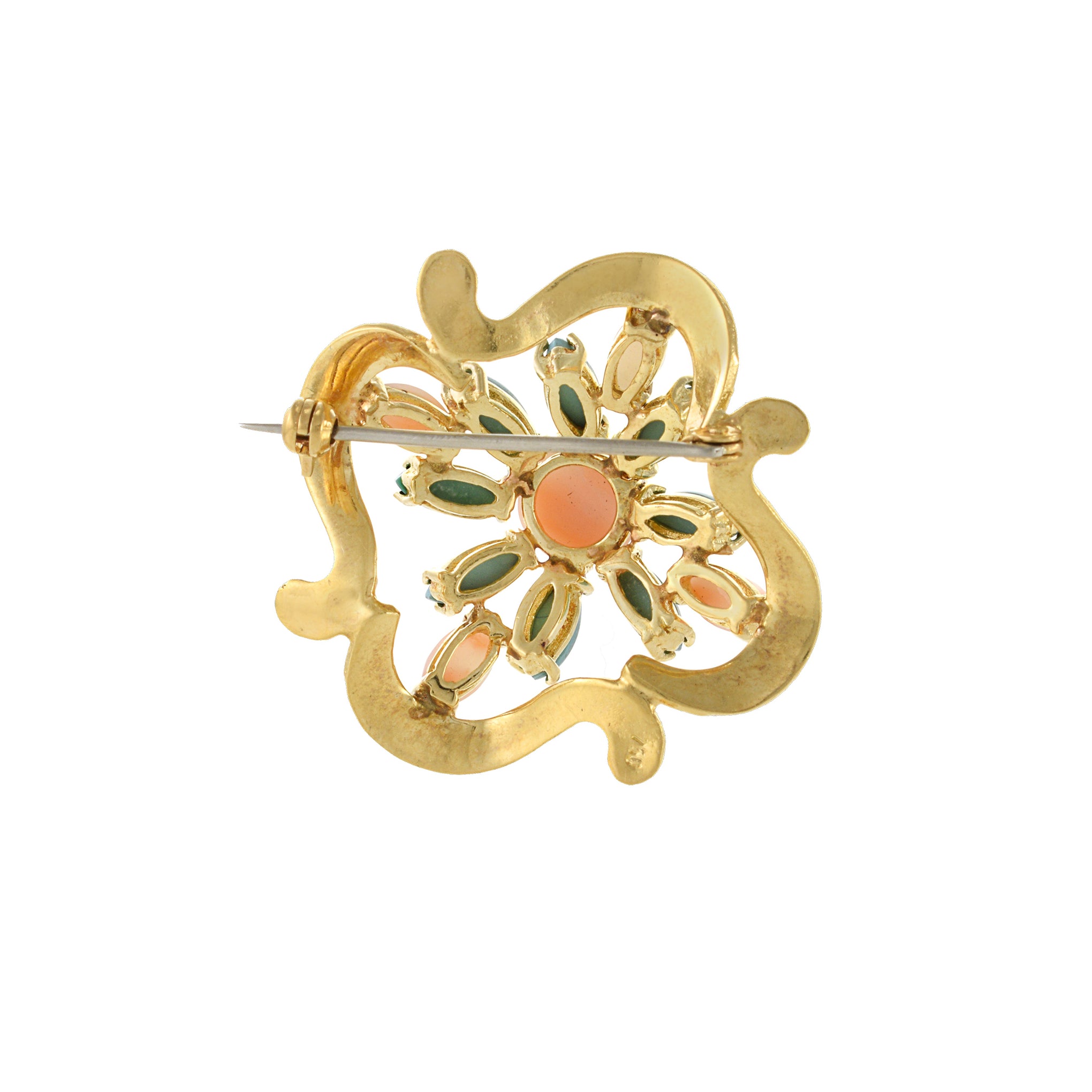 Estate Retro Era 18KT Yellow Gold Genuine Turquoise, Angel Skin Coral And Pink Enamel Brooch