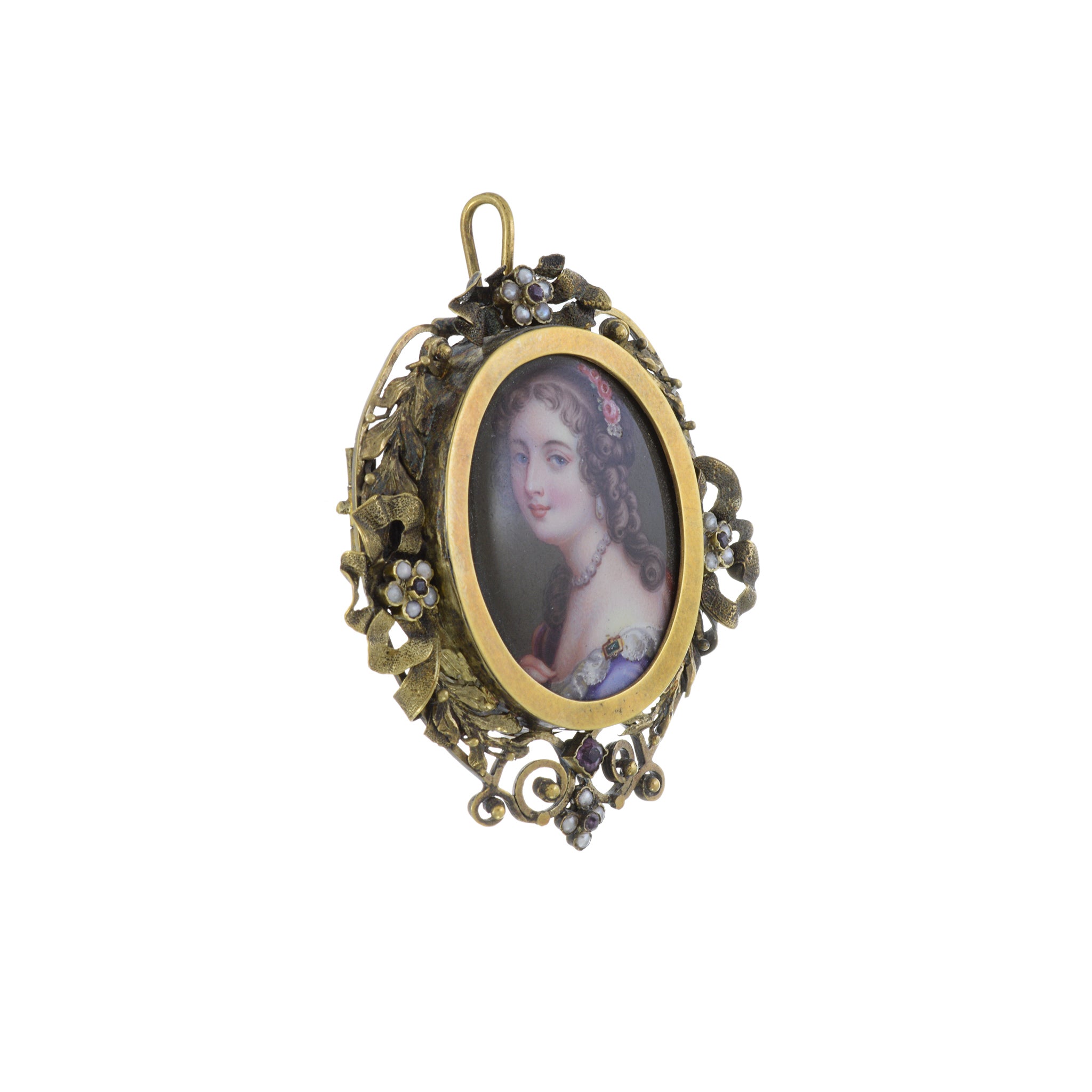 Antique Victorian Era 14KT Yellow Gold Pearls And Amethyst Portrait Pin Pendant