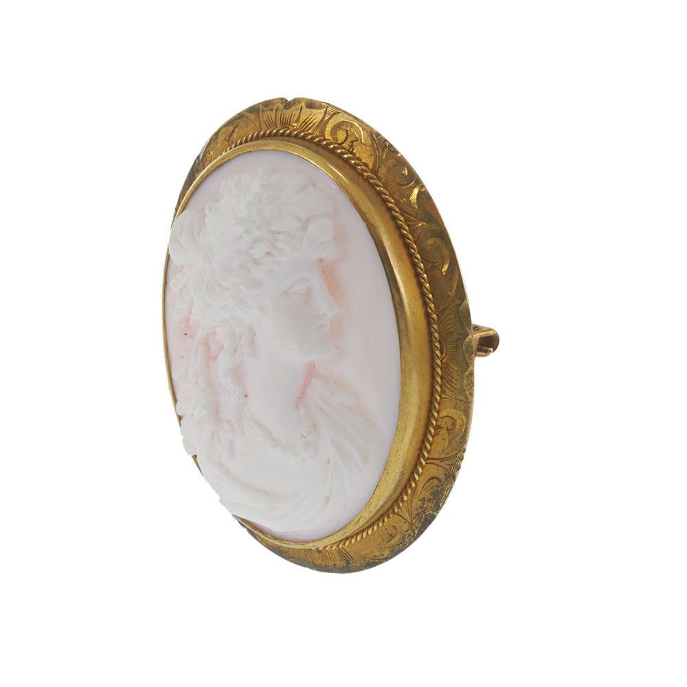 Antique 14KT Yellow Gold Pink Cameo Portrait Pin/Pendant