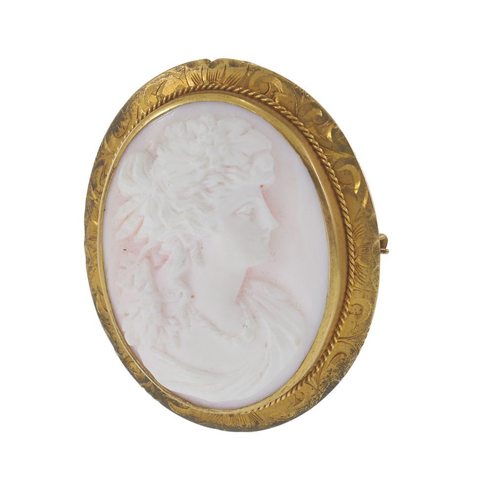 Antique 14KT Yellow Gold Pink Cameo Portrait Pin/Pendant