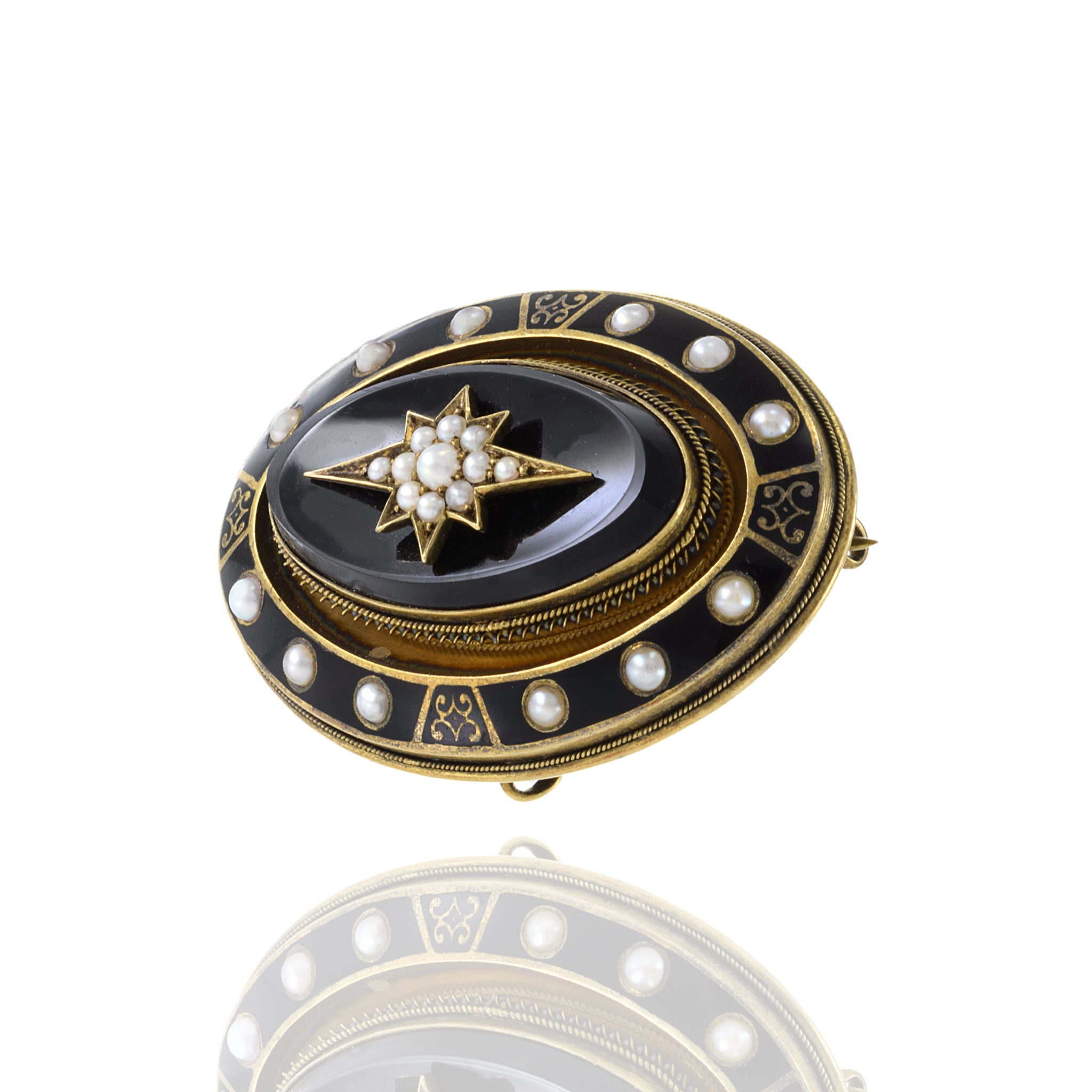 Hand cut factory nickel brooch with ornate crest and black onyx beads