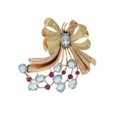 Vintage Retro Era 14KT Yellow Gold Aquamarine And Ruby Ribbon Pin