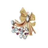 Vintage Retro Era 14KT Yellow Gold Aquamarine And Ruby Ribbon Pin