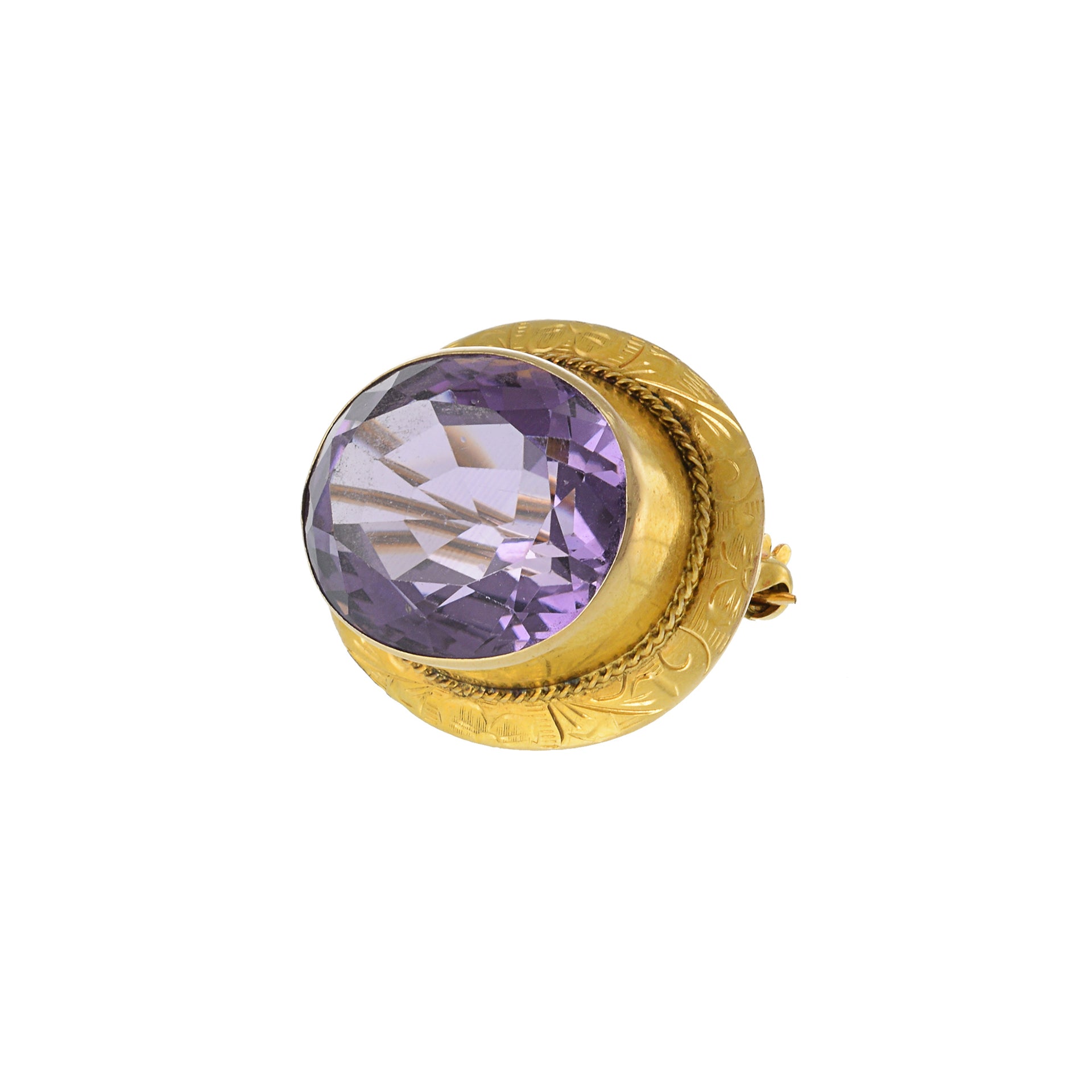 Antique 14KT Yellow Gold Bezel Set 26CT Oval Cut Purple Amethyst Pin