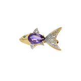 Vintage 14KT Yellow Gold Amethyst and Diamond Fish Pin