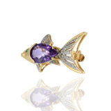 Vintage 14KT Yellow Gold Amethyst and Diamond Fish Pin