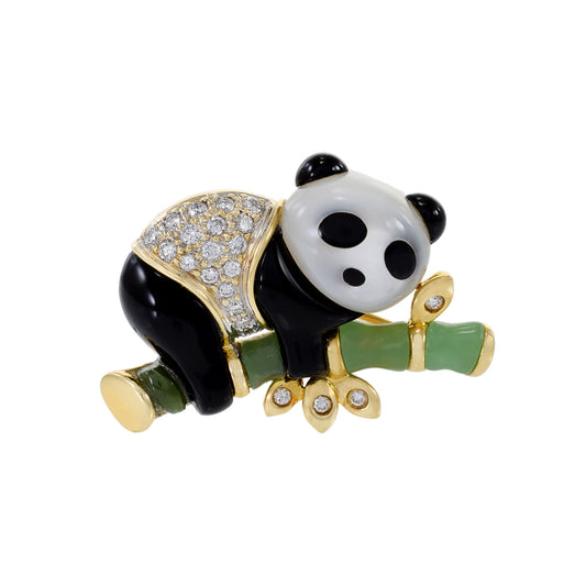 Vintage 14KT Yellow Gold Mother Of Pearl, Onyx And Jade Panda Brooch