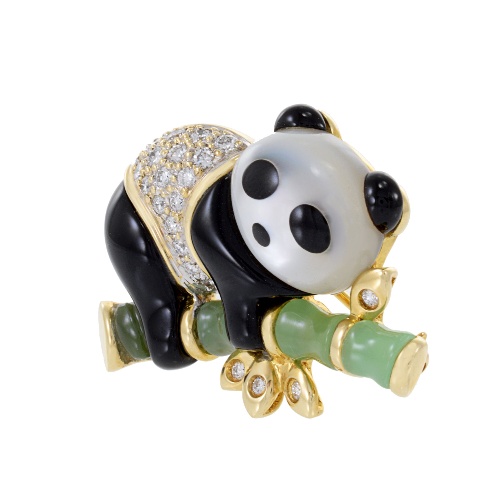 Vintage 14KT Yellow Gold Mother Of Pearl, Onyx And Jade Panda Brooch