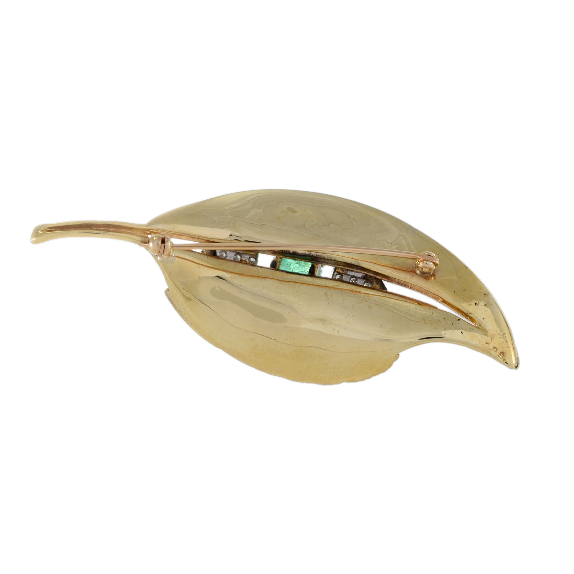 Vintage 1950s 14KT Yellow Gold Emerald And Diamond Leaf Brooch
