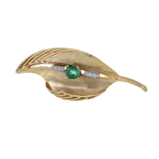 Vintage 1950s 14KT Yellow Gold Emerald And Diamond Leaf Brooch