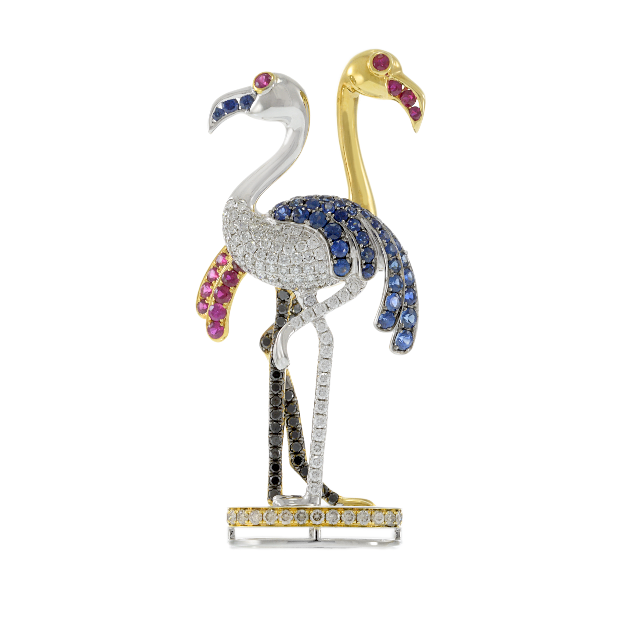 14KT Two-Tone Gold Double Flamingo Sapphire and Diamond Brooch/Pendant