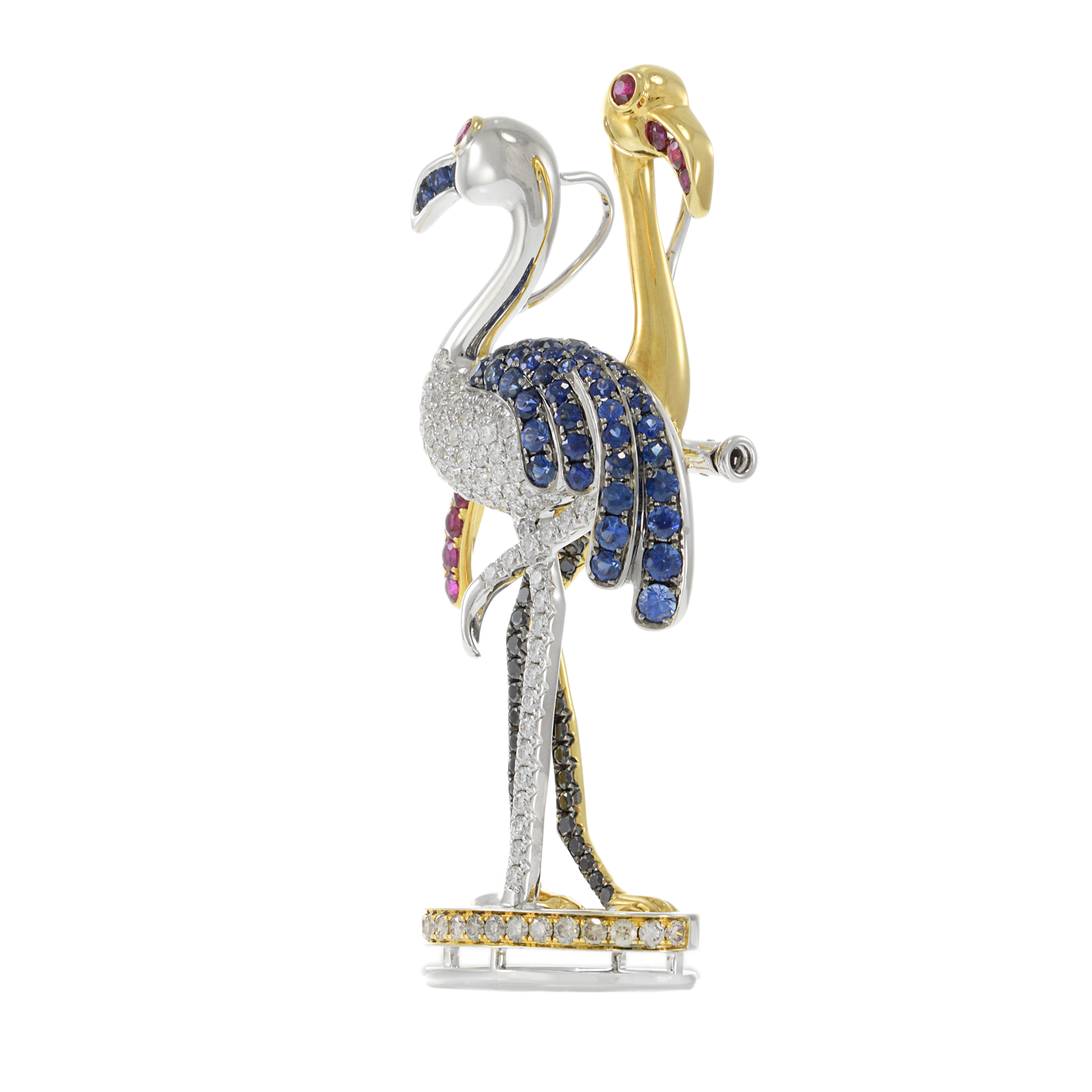 14KT Two-Tone Gold Double Flamingo Sapphire and Diamond Brooch/Pendant