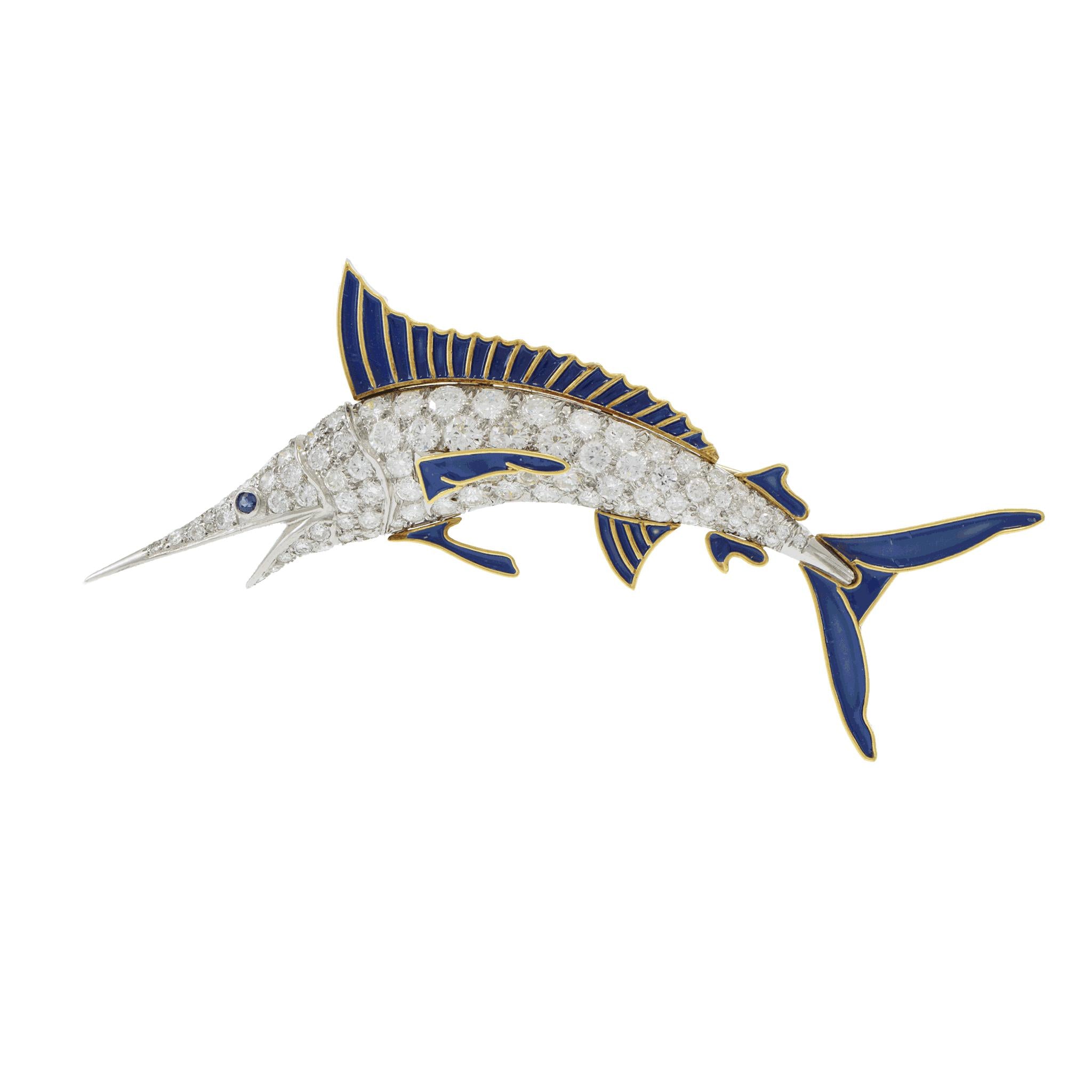 Vintage Retro Era Enamel and Diamond Sailfish Pin