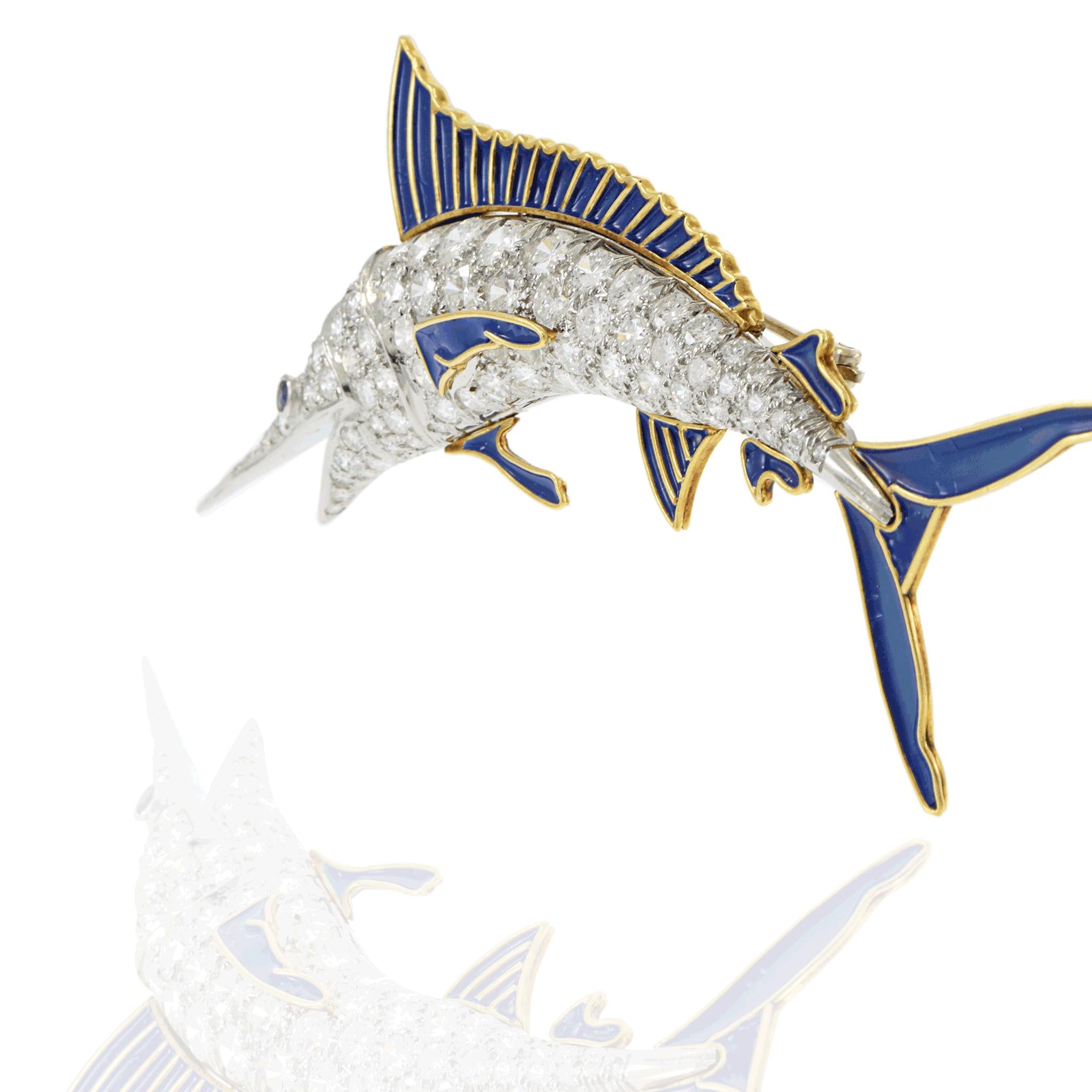 Vintage Retro Era Enamel and Diamond Sailfish Pin