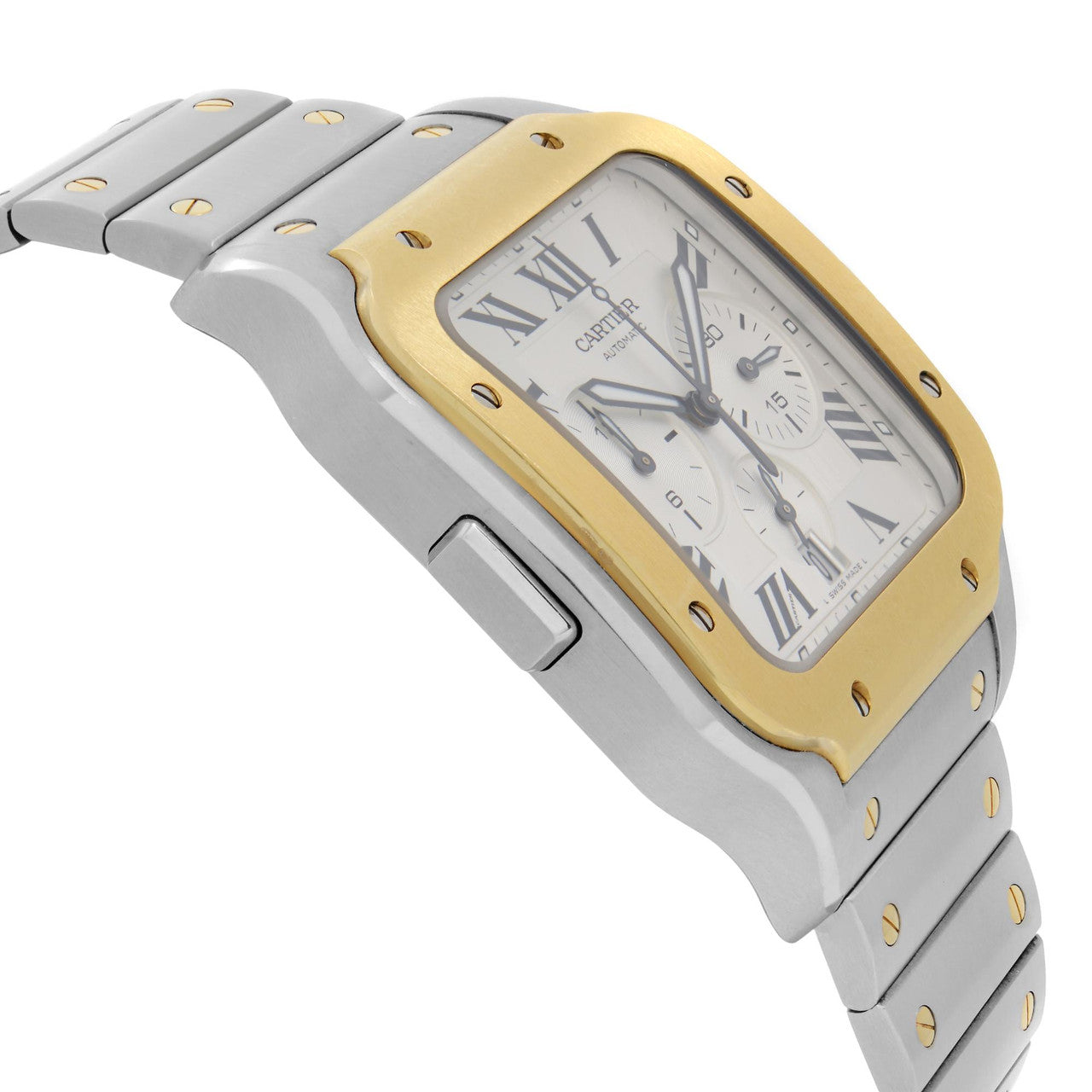 Cartier Santos 18k Yellow Gold Steel Chronograph Silver Dial Mens Watch W2SA0008
