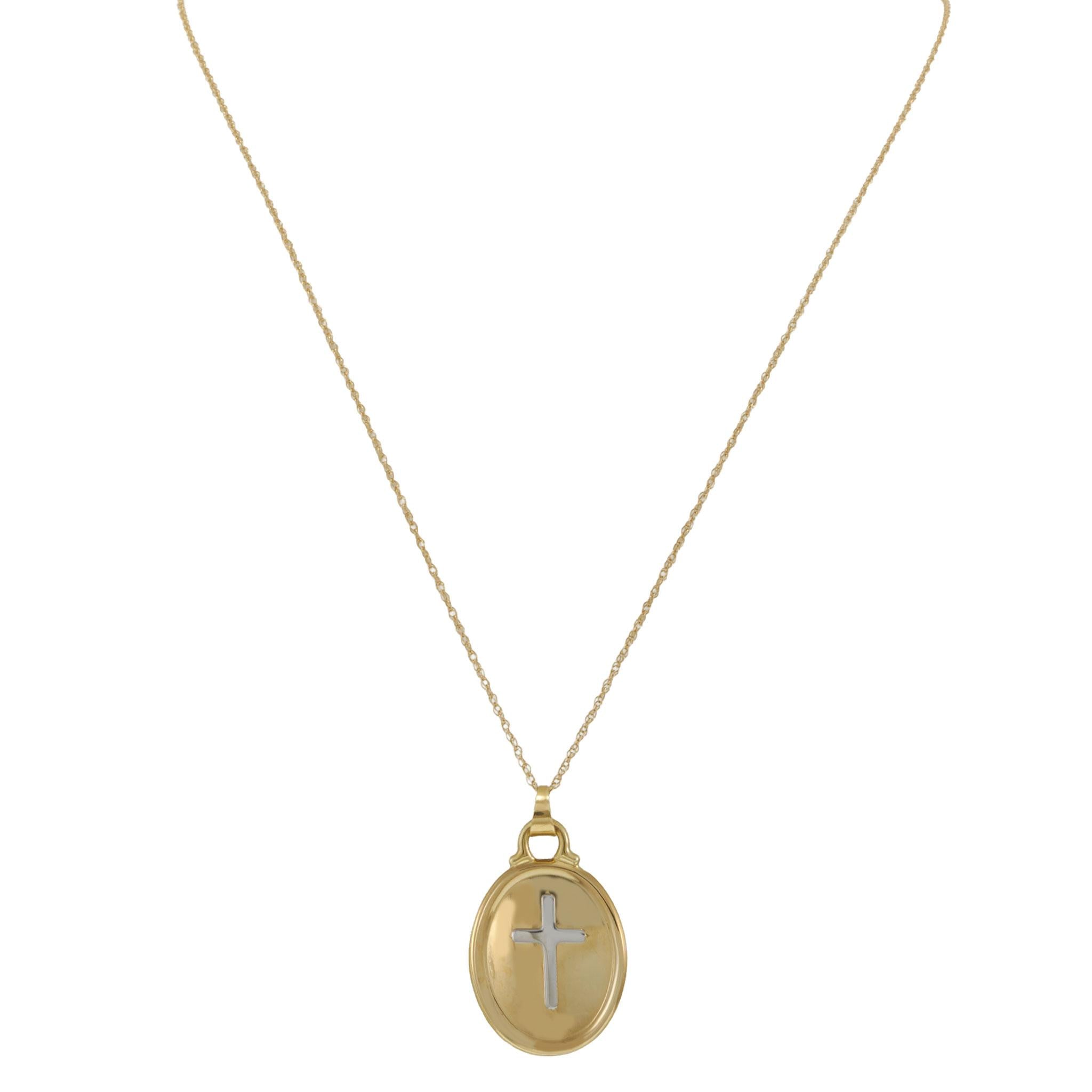 14KT Two-Tone Gold Oval Cross Pendant Necklace