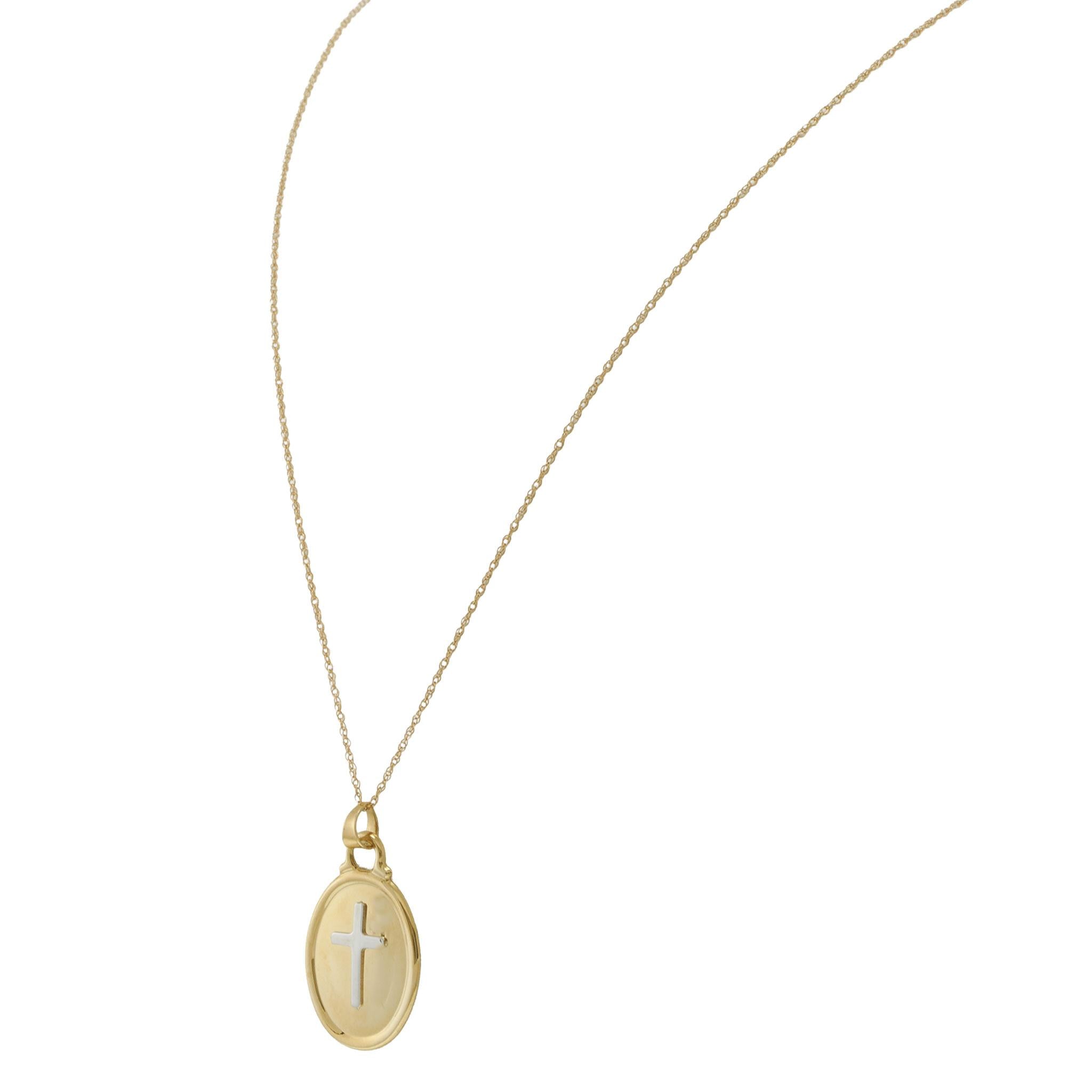 14KT Two-Tone Gold Oval Cross Pendant Necklace