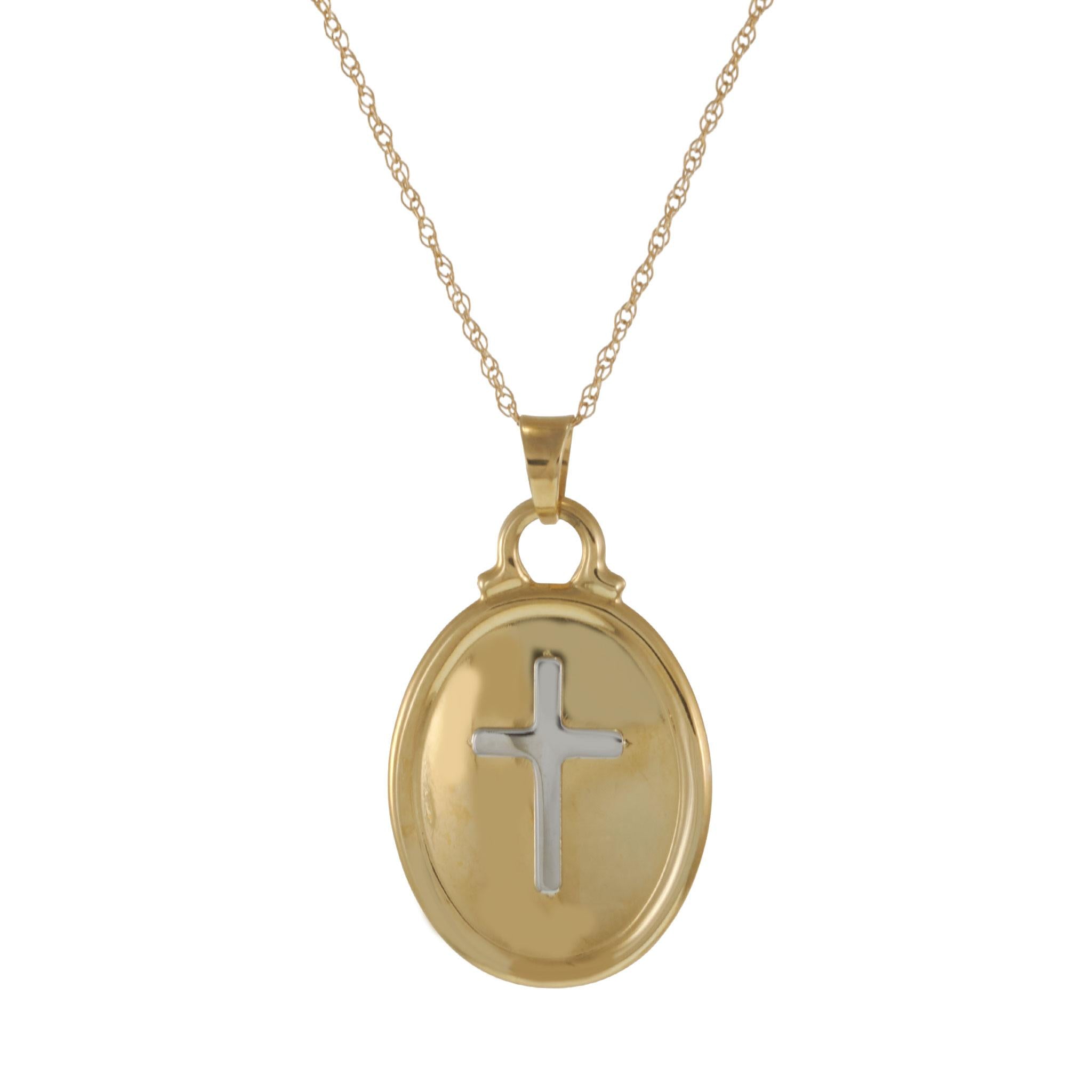 14KT Two-Tone Gold Oval Cross Pendant Necklace