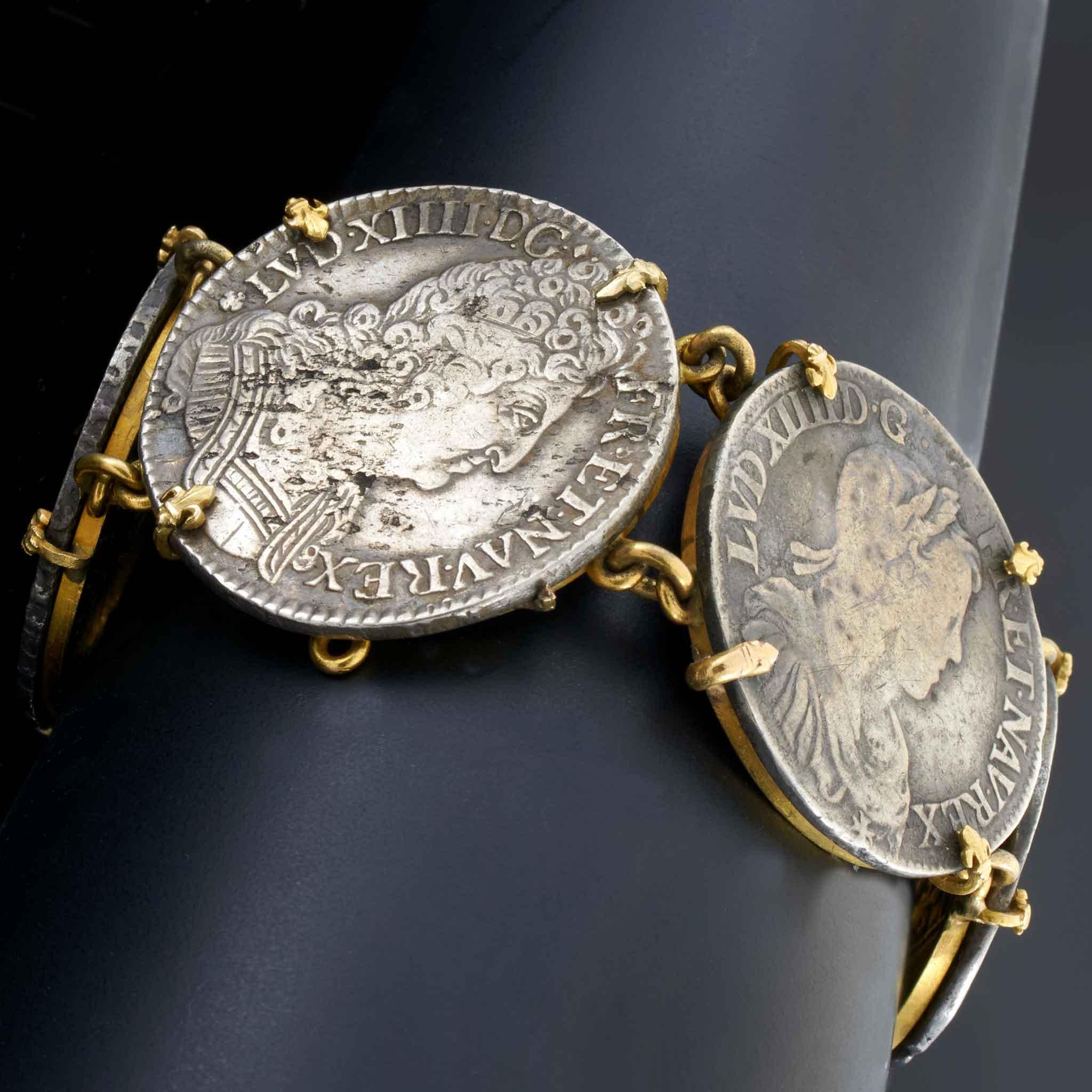 Antique French Louis XIV–XV Sterling Silver Coin Bracelet in 18KT Yellow Gold
