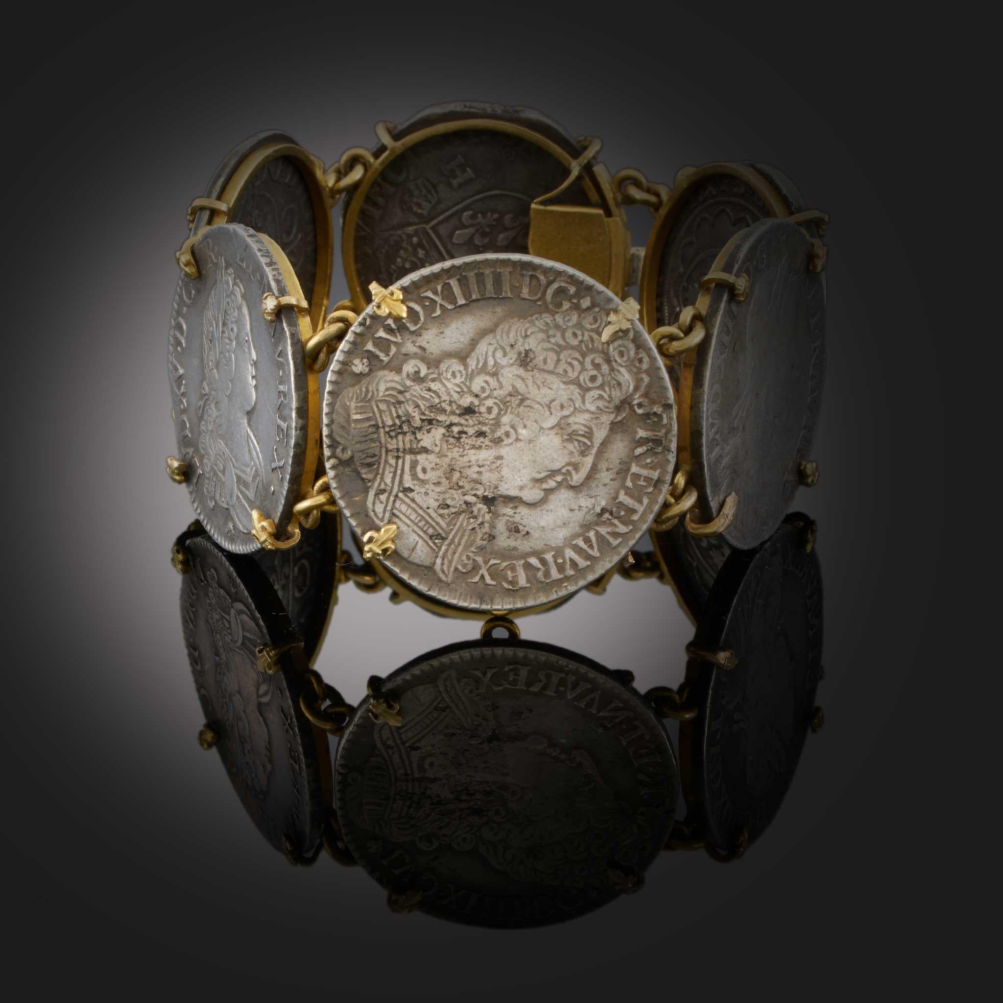 Antique French Louis XIV–XV Sterling Silver Coin Bracelet in 18KT Yellow Gold