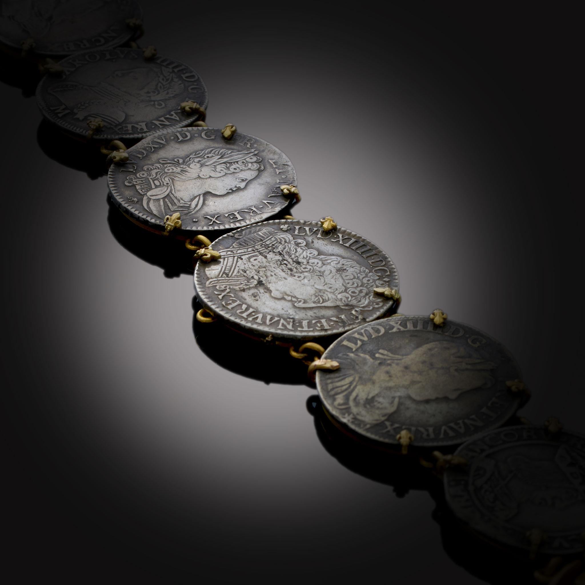 Antique French Louis XIV–XV Sterling Silver Coin Bracelet in 18KT Yellow Gold