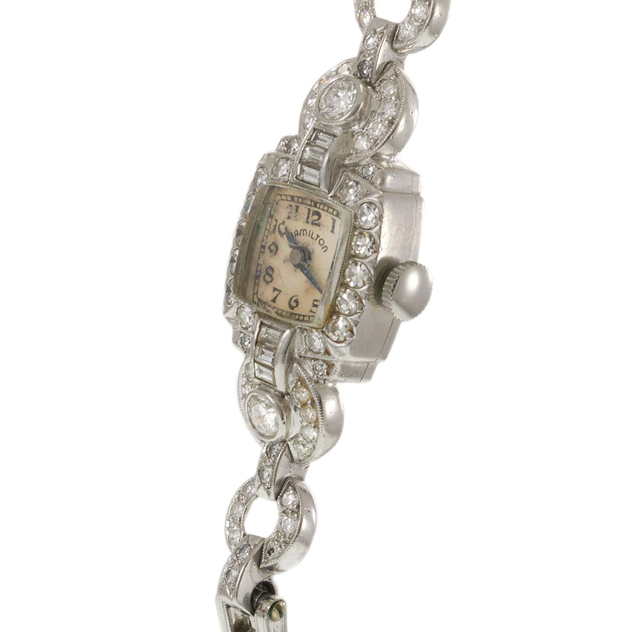 Vintage Retro Era Hamilton Ladies Platinum & 3.50ct-tw Diamond Cocktail Watch
