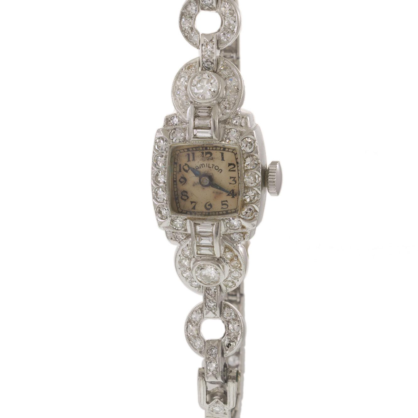 Vintage Retro Era Hamilton Ladies Platinum & 3.50ct-tw Diamond Cocktail Watch