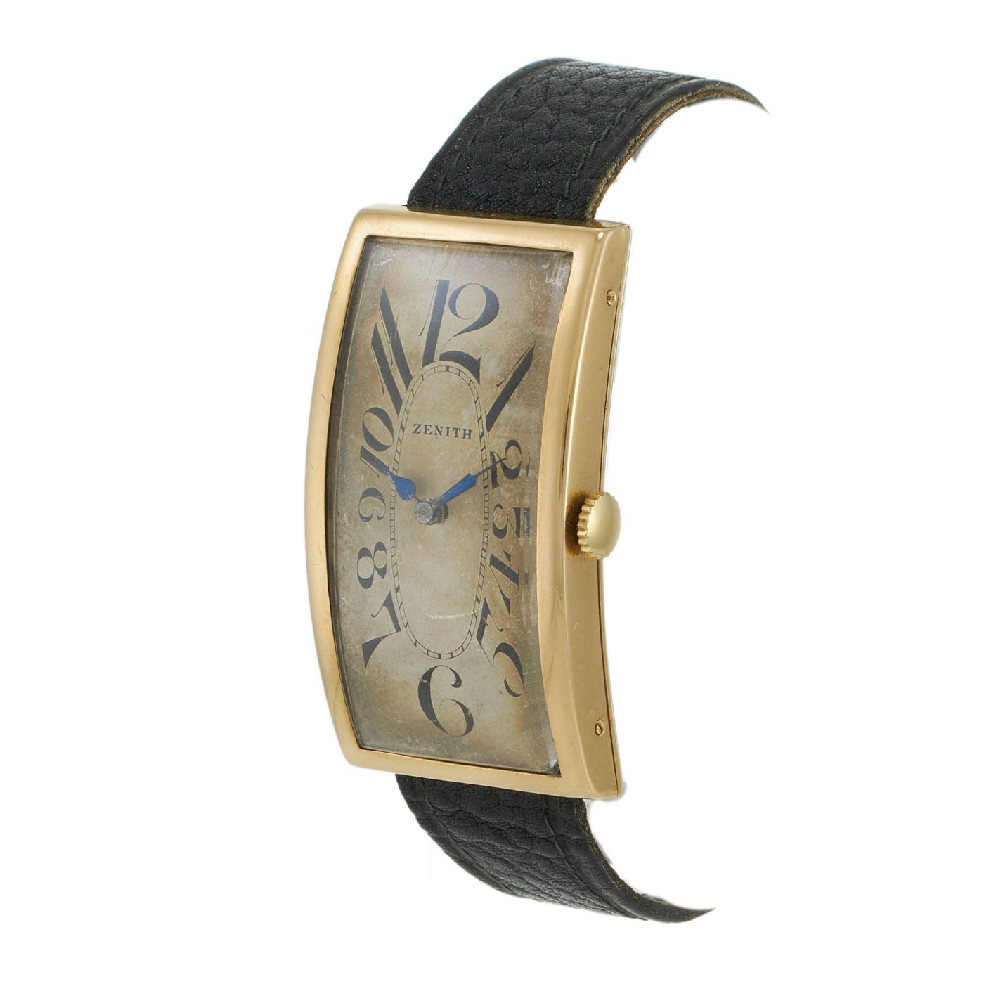 Vintage 1930s Zenith Jumbo 18KT Gold Curved Rectangular Art Deco Dial