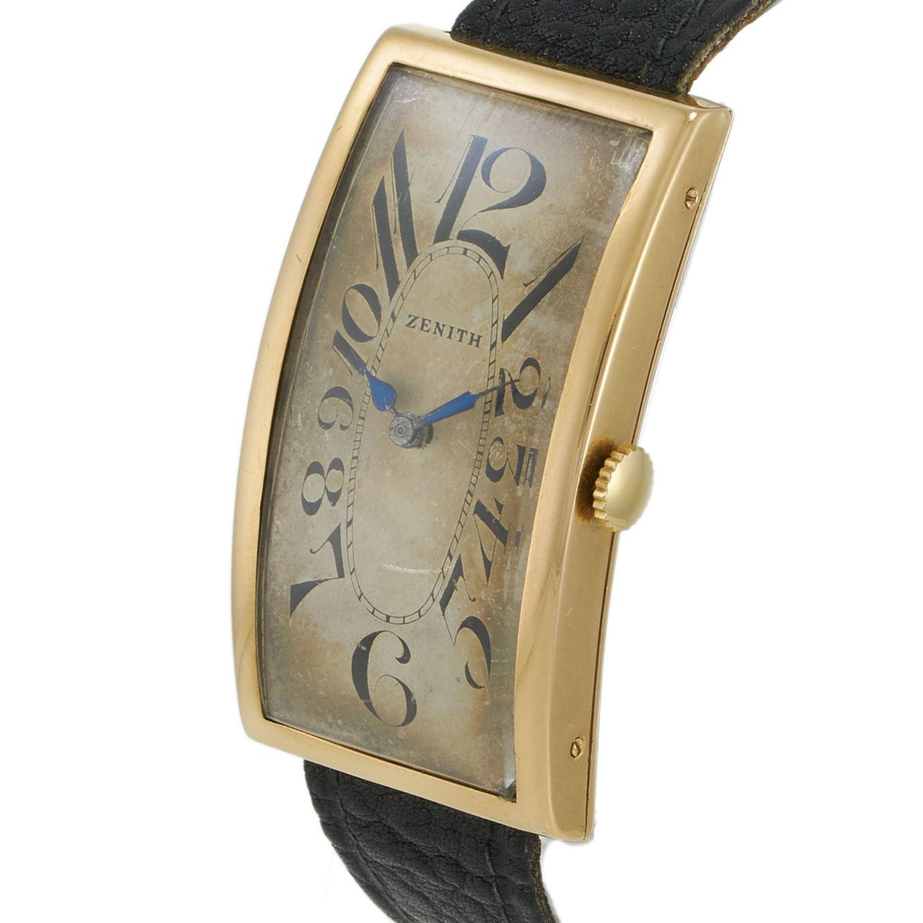Vintage 1930s Zenith Jumbo 18KT Gold Curved Rectangular Art Deco Dial