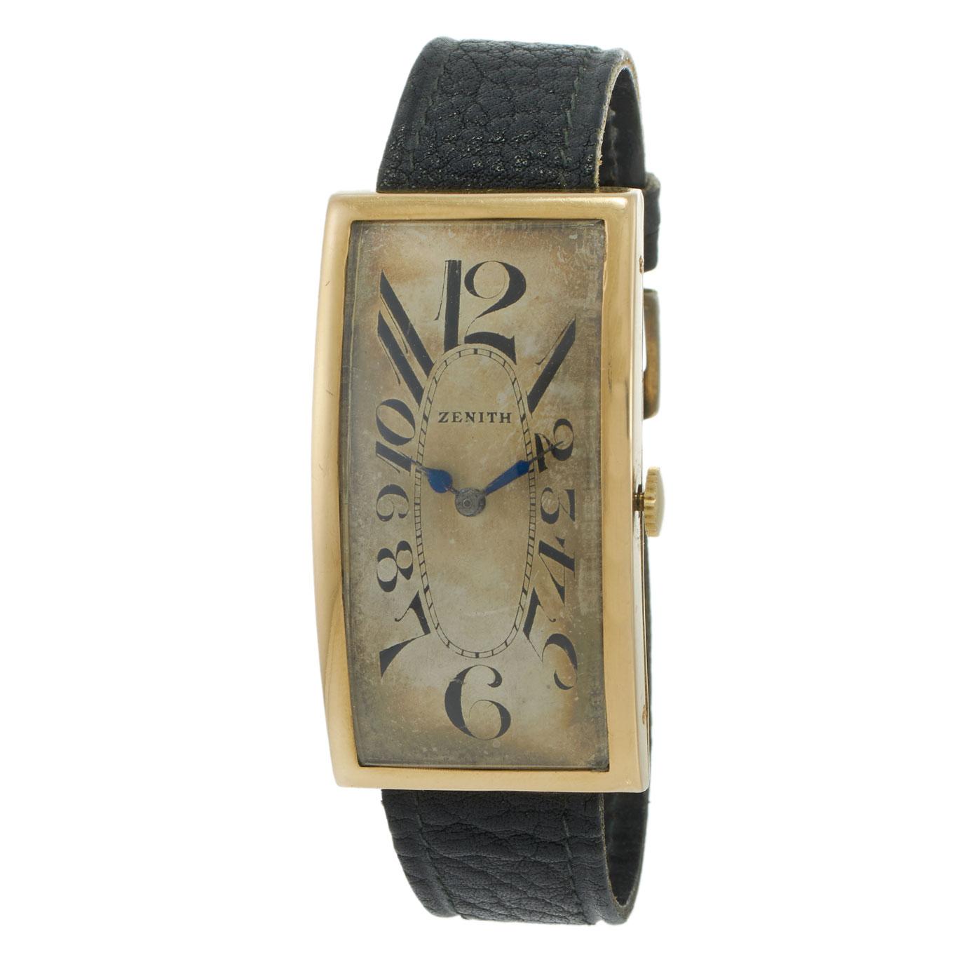 Vintage 1930s Zenith Jumbo 18KT Gold Curved Rectangular Art Deco Dial
