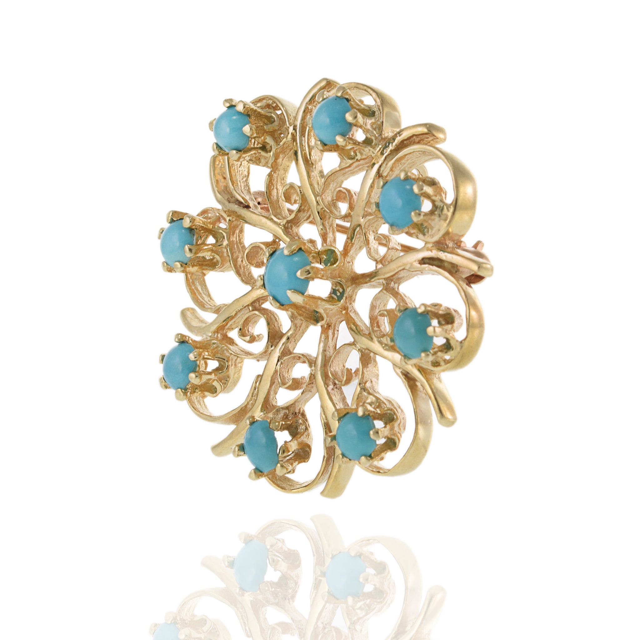 Vintage Retro Era 14KT Yellow Gold and Turquoise Floral Pin