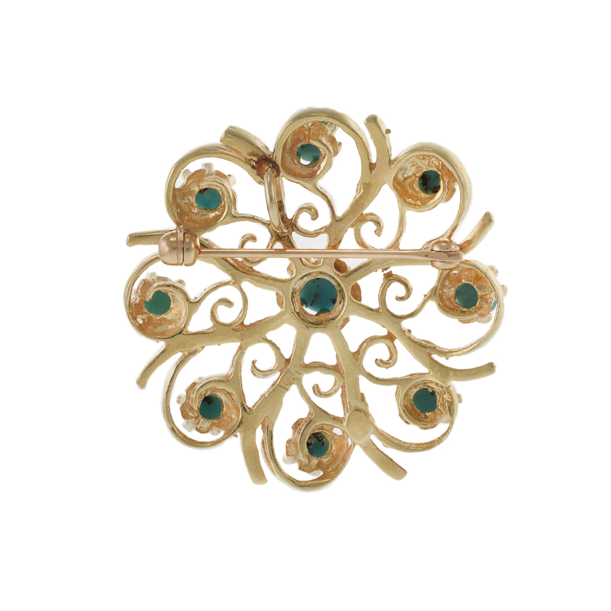 Vintage Retro Era 14KT Yellow Gold and Turquoise Floral Pin